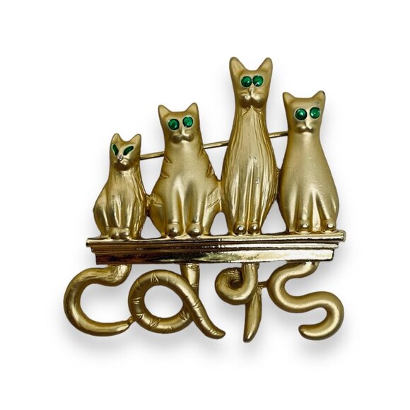 AJC 4 Golden Cats w. Green Eyes Matte Finish Brooch Pin - Picture 3 of 6